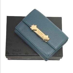 MCM New in Box Blue Deep Lagoon Leather Mini Card Case Wallet